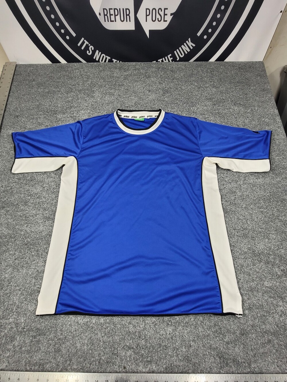 Vintage Prince White & Blue 100% Polyester Short Sleeve Men's Shirt